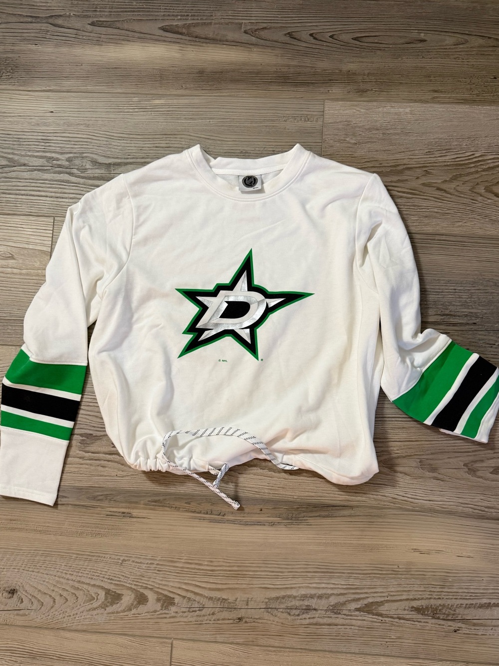White Dallas Stars Pullover Top with Green Accent